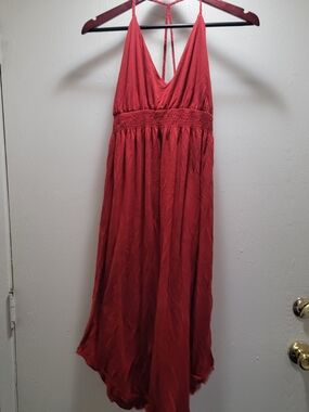 Sundance Coral-Red Halter Smocked Waist Maxi Dress
